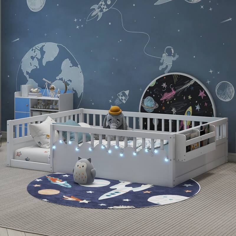 Wooden Kids Montessori Floor Bed with LED Light and Storage Shelf, No Slats