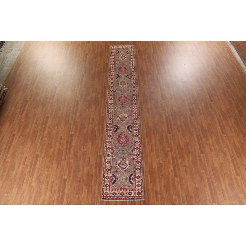 Hand Knotted Oriental 100% Wool Carpet Traditional Geometric Brown Kazak Runner Rug - 15' 11'' X 2' 8''
