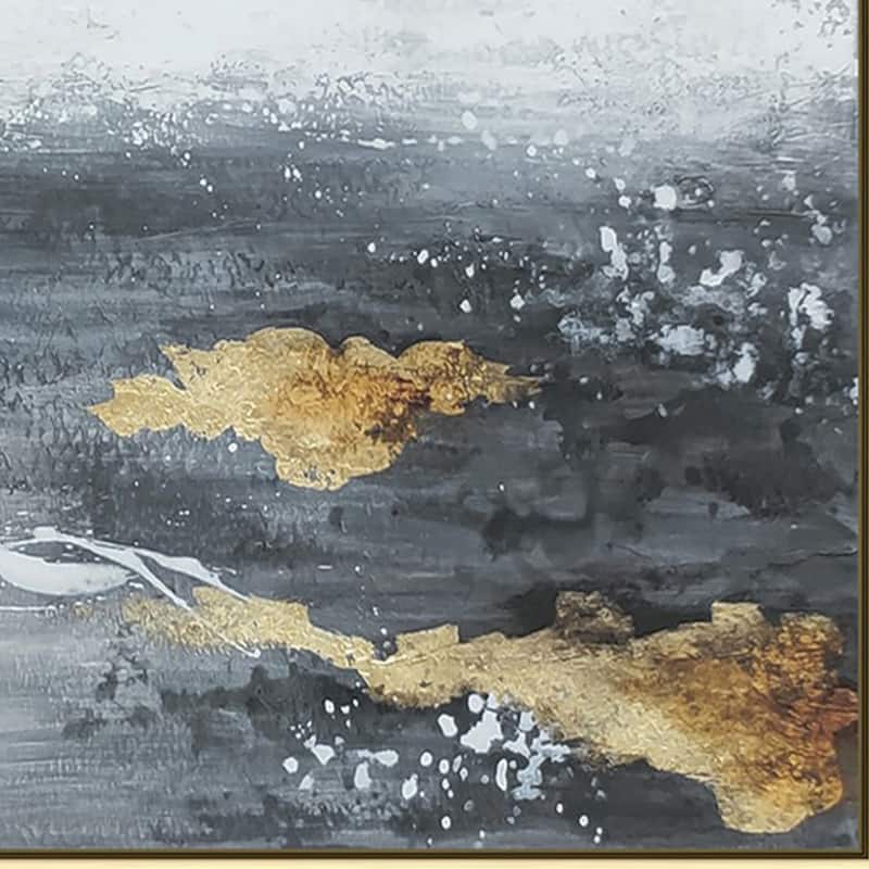 39 x 59 Hand Painted Sky with Gold Foil Clouds, Silver Frame, Resin Coat - Gray, White, Gold, Silver