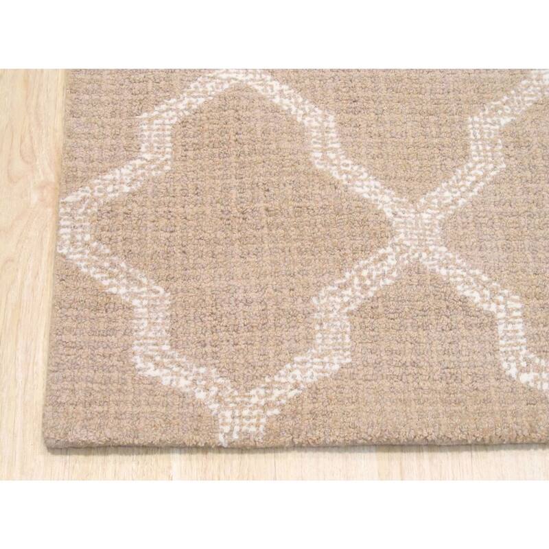 Beige Modern Geometric Wool Loop Cut Pile Rug, 8'9 x 11'9, Contemporary Plush Accent - L