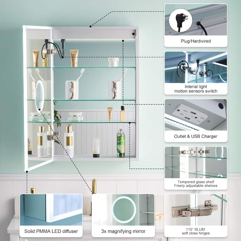 30'' H Recessed or Surface Frameless LED Mirror Cabinet With Defogger, Dimmer, Outlets & USB Ports 