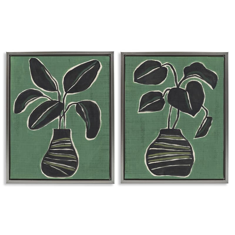 Stupell Green Toned House Plants Framed Floater Canvas Wall Art Design By June Erica Vess (Set of 2) - 17 x 21 - Grey