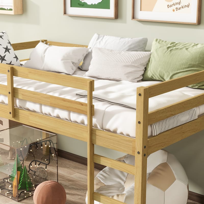 Solid Wooden, Rubber Wooden Twin Loft Bed with Ladder, Bed Platform of Strengthened Slats, Pink