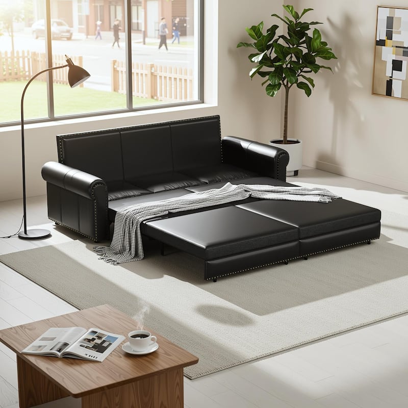 Homy Casa Faux Leather Pull-Out Sofa Bed, 2-in-1 Convert Sleeper Couch