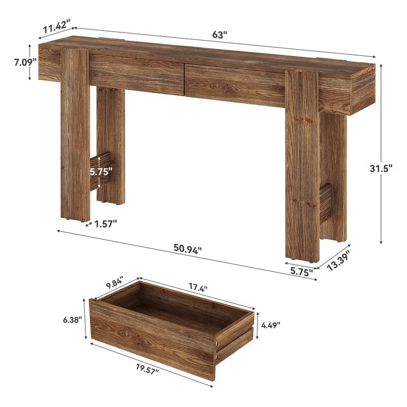 63" Long Solid Wood Console Table, Entryway Table with 2 Drawers, Sofa Table for Entrance, Hallway, Living Room