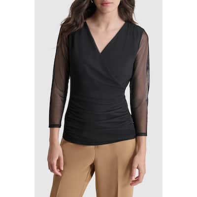 DKNY Mesh Faux Wrap Top