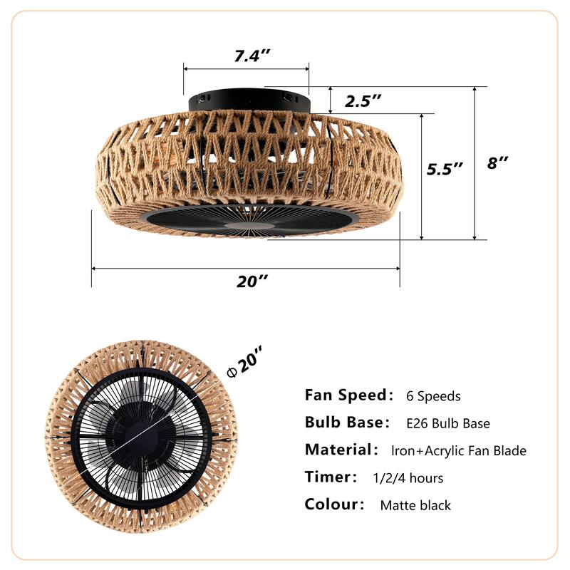 20Inch Ceiling Fans with Remote Control,6 Speed Reversible Flush Mount Low Profile Rustic - N/A