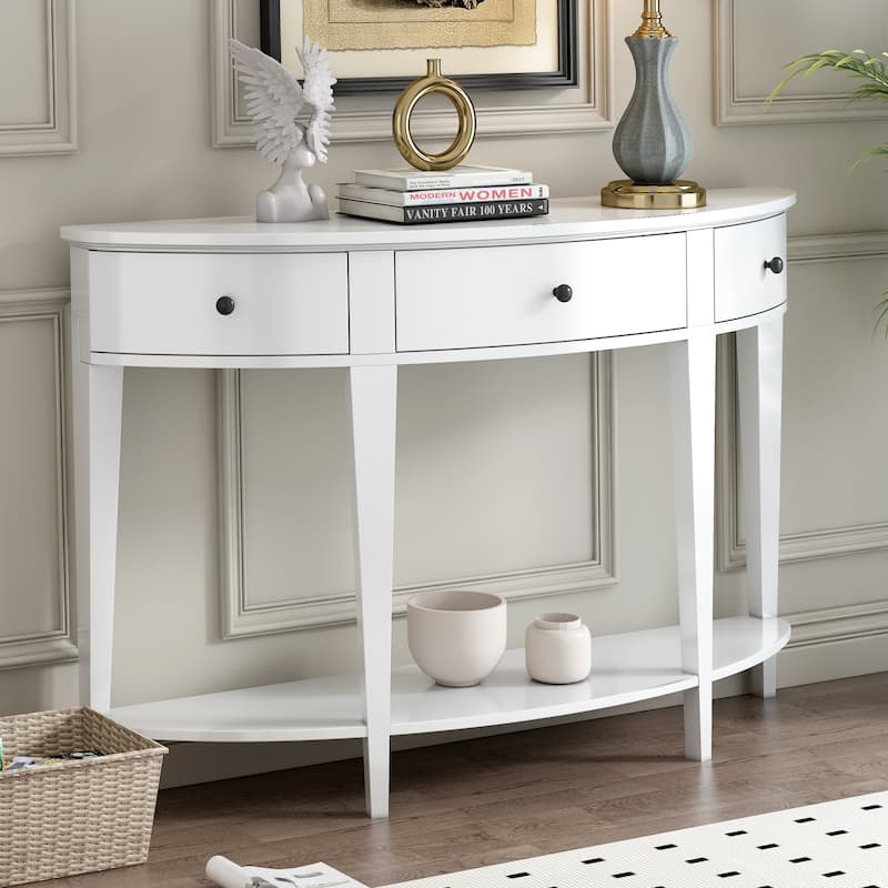 Modern Curved Console Table Sofa Table w/ 3 Drawers & Open Shelf, Half