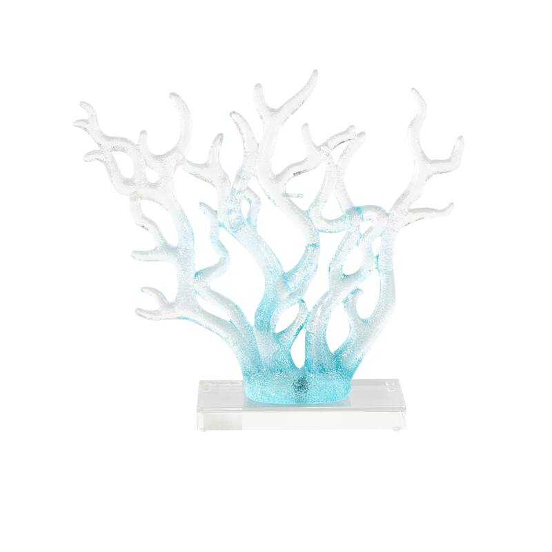 Blue Glass Ombre Coral Decorative Sculpture with Clear Rectangle Base