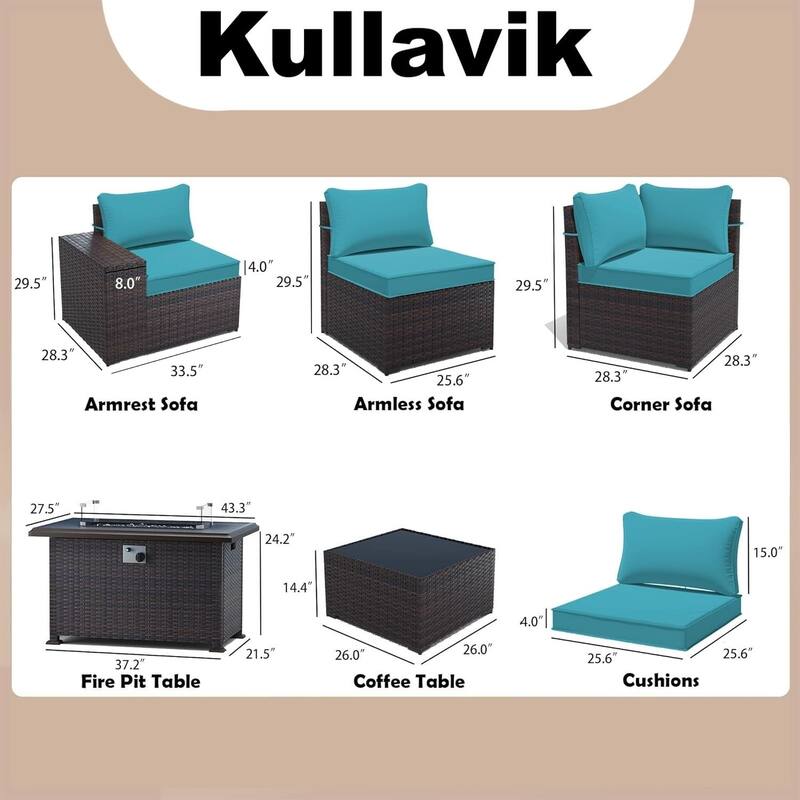 Delnavik 13 Pieces Outdoor Patio Furniture Set with Fire Pit Table w/ Wide Armrests