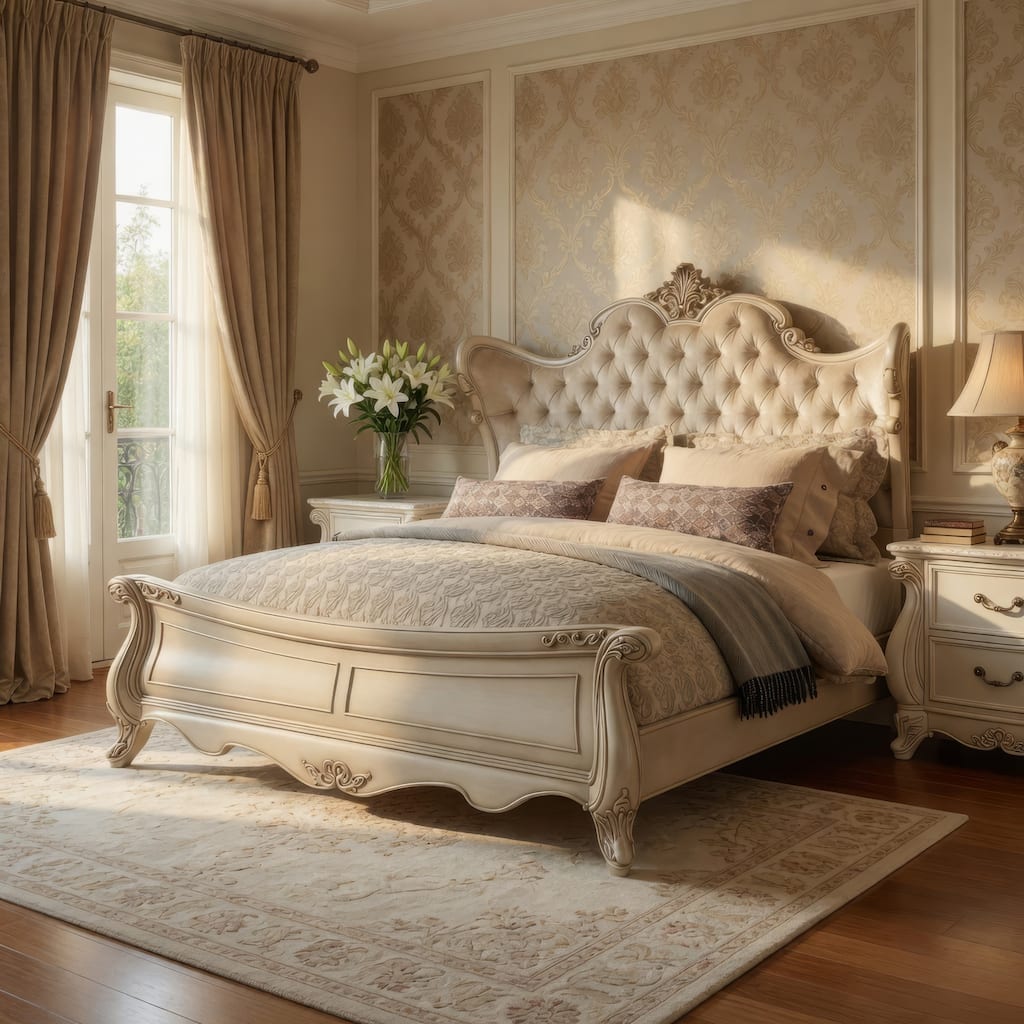 Moen King Size Bed, Tufted Polyester Upholstery, Carved Wood, Champagne