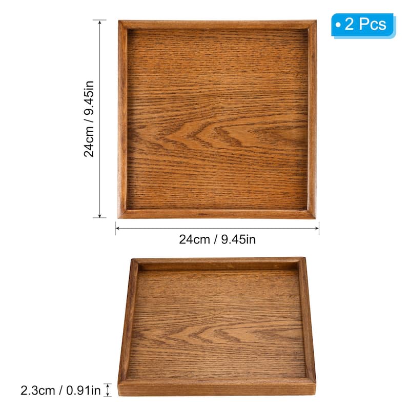 2pcs Wood Serving Tray Square Decorative Platter Home Kitchen Table - 9.4 Inch