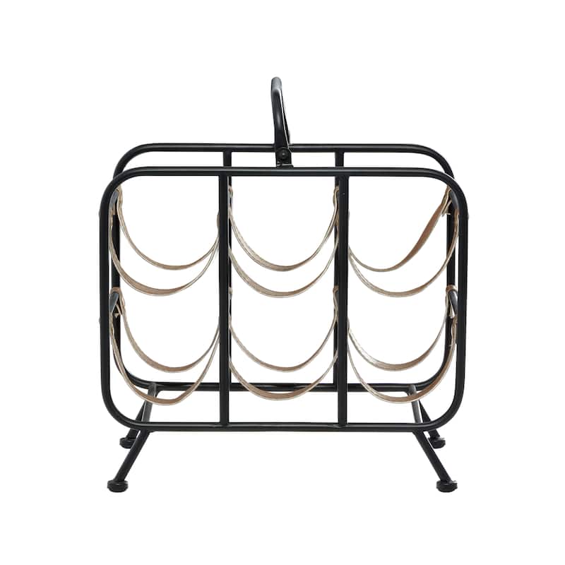 Metal 6 Bottle Wine Rack with Faux Leather Strap Holders - Black - Roche River Decor - 10"W x 15"L x 16"H