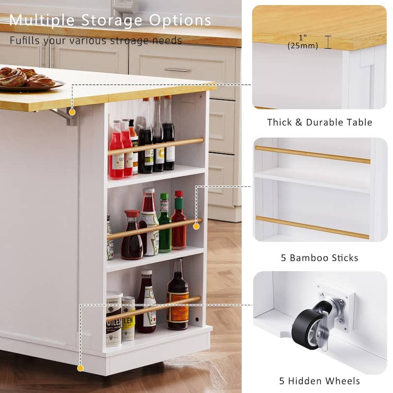 53″ Kitchen Island Cart with Power Outlet and Two Bar Stools