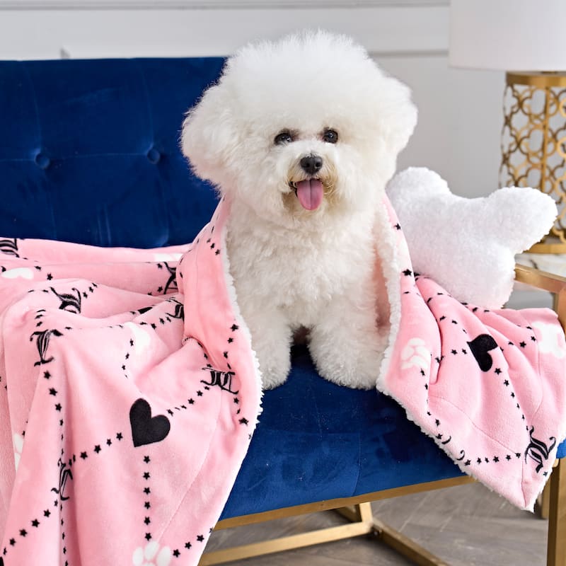Juicy Couture Paw & Heart Plush Throw and Sherpa Bone Pillow