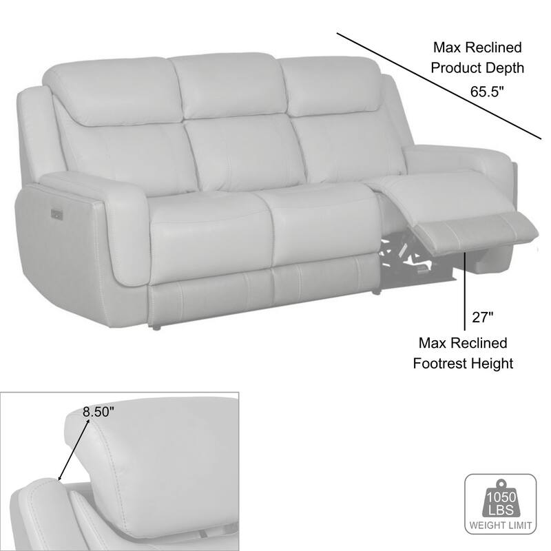 Rosalyn 87" Zero Gravity Silver and Gray Leather Power Reclining Sofa with Dropdown Console