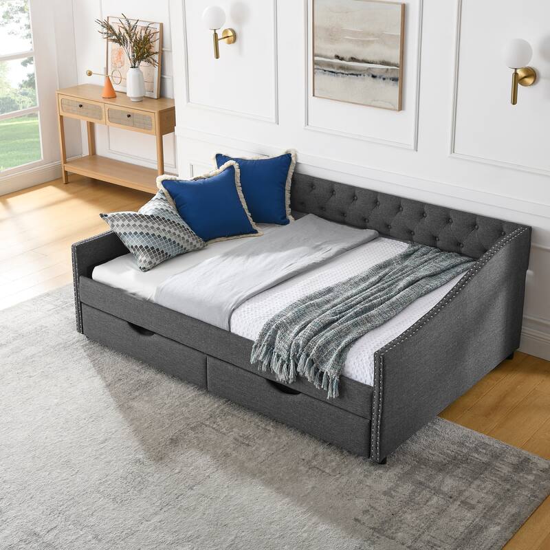 Tufted Button Daybed with 2 Storage Drawers/Upholstered Sofa Bed Frame w/Copper Nail on Waved Shape Armrests/No Spring Box Need - Dark Grey - Full