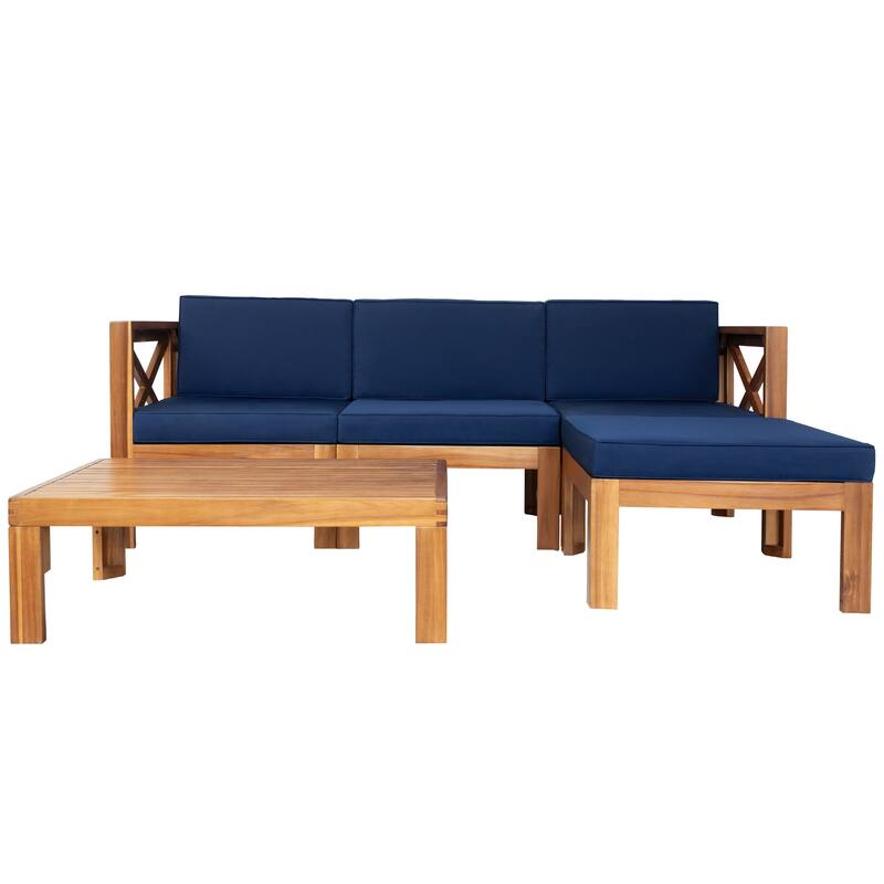 Outdoor Backyard Patio Furniture Set, Wooden 5-Piece Sectional Sofa Seating Group Set with Cushions and Side Table