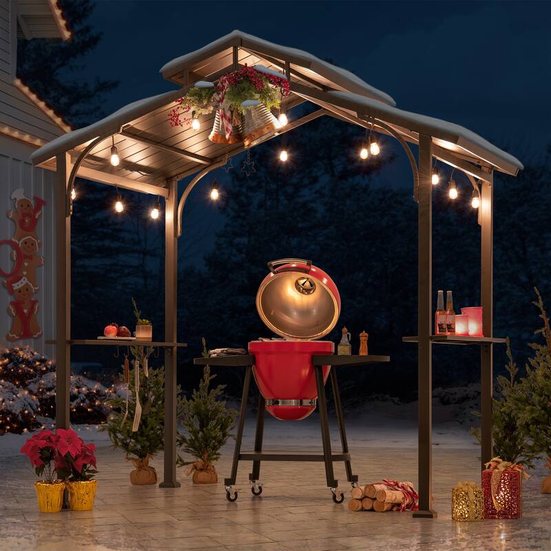 Sunjoy Grill Gazebo 5 ft. x 8 ft. Brown Steel Frame Double Tiered Hardtop Gazebo with Ceiling Hook and Bar Shelves