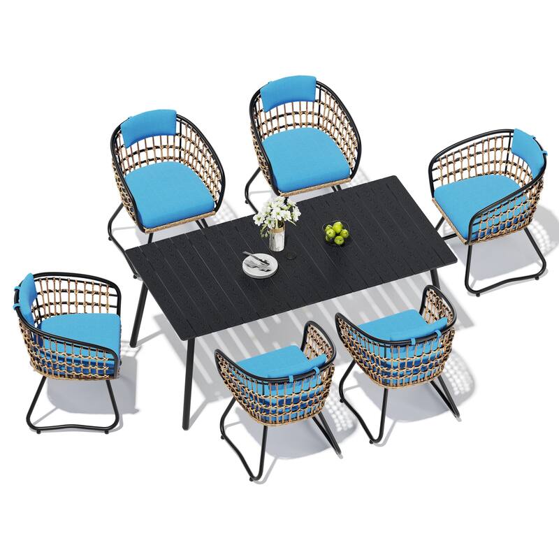 7-Piece Set Outdoor Patio Aluminum Dining Table and PE Rattan Wicker Dining Chairs