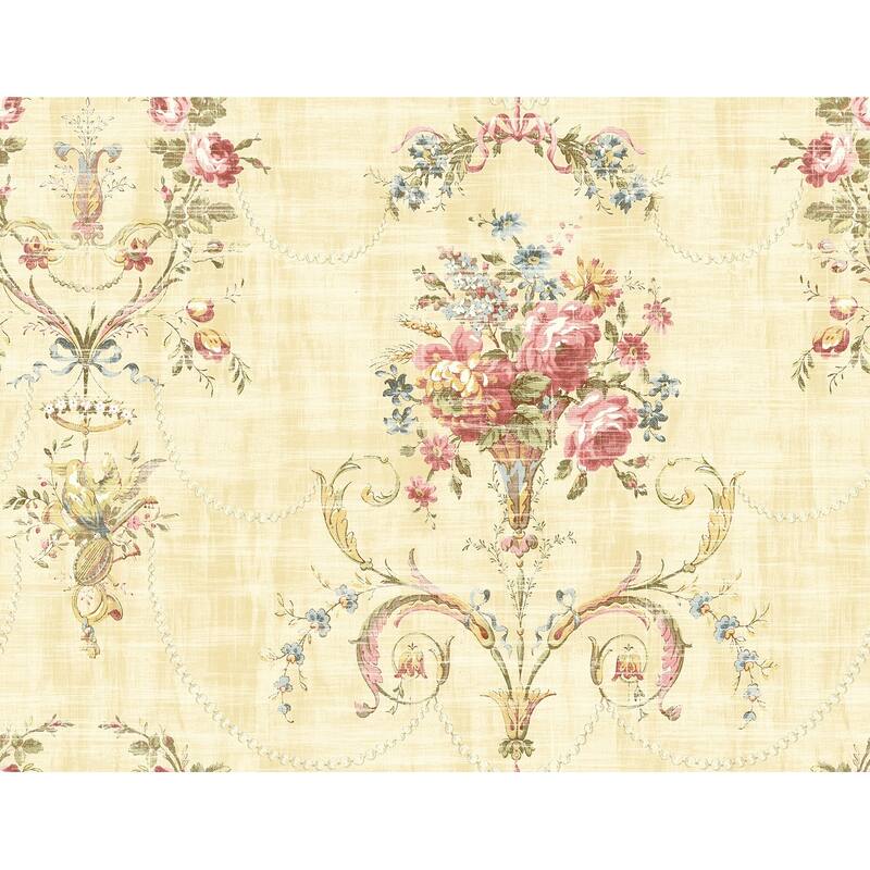 Seabrook Designs Janen Floral Vase Unpasted Wallpaper - 27 in. W x 27 ft. L - Metallic Parchment & Strawberry
