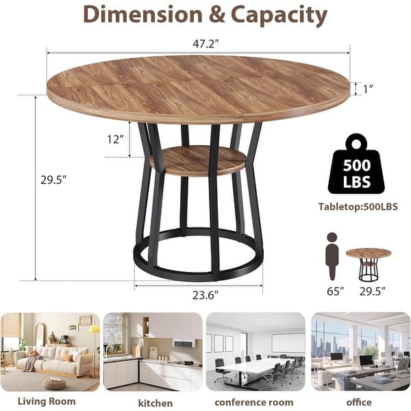dimension image slide 1 of 4, Round Dining Table for 4-6, 47.2" Farmhouse Kitchen Table with Storage, Circle Dinner Tables - N/A