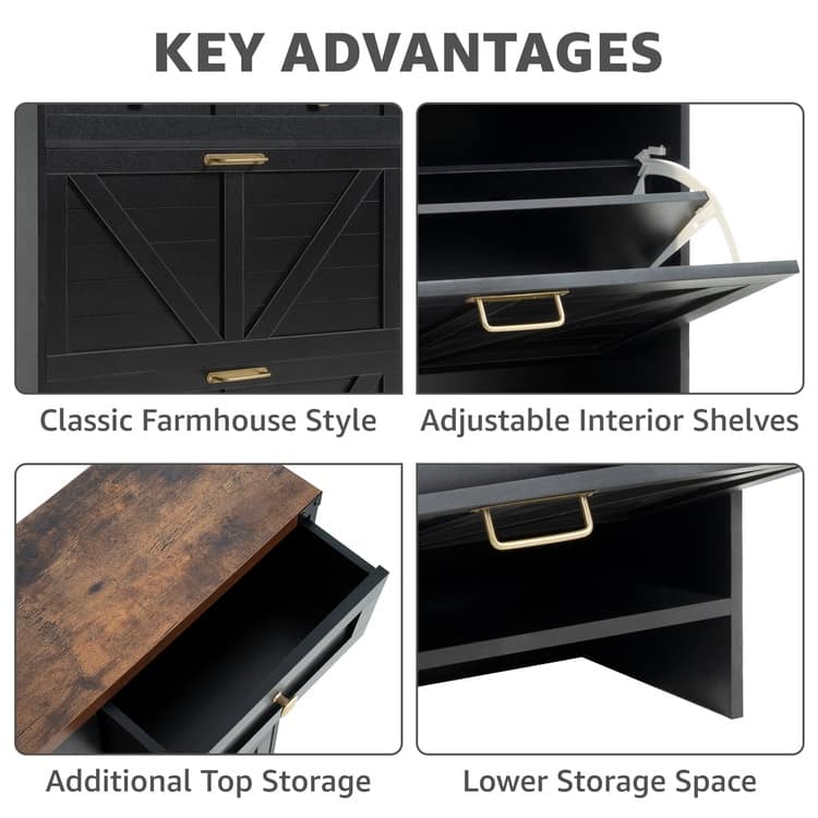 Farmhouse Shoe Cabinet with 2 Flip Drawers and 2 Storage Drawers – Slim Entryway Shoe Storage Cabinet, Narrow Shoe Organizer