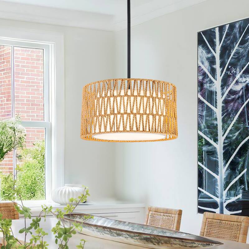 Farmhouse 1-Light Drum Pendant Light with Woven Shades - Black - 15" W x 7.9" H