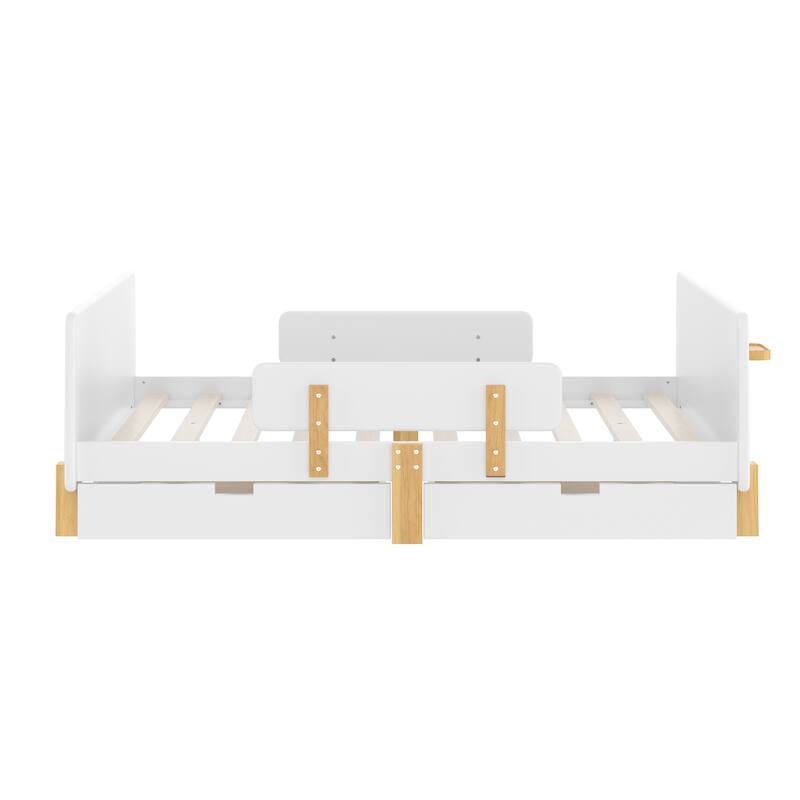 Full Size Platform Bed with Storage Drawers, Solid Wood Beds Frame with Bed Guardrail, Small Shelf, and Hooks