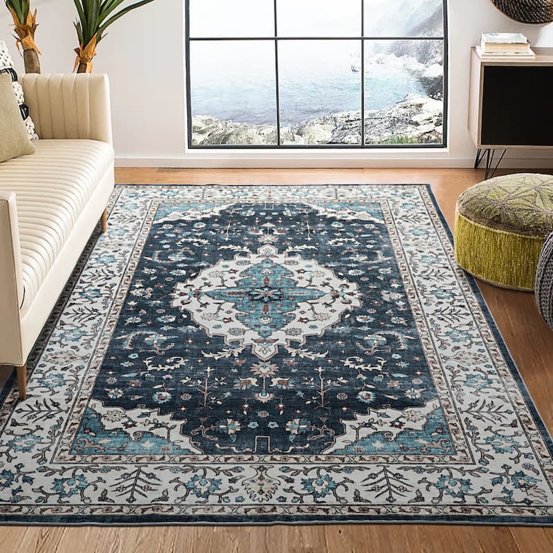 Glitzhome Machine Washable Boho Floral Medallion Area Rugs 5' x 8'