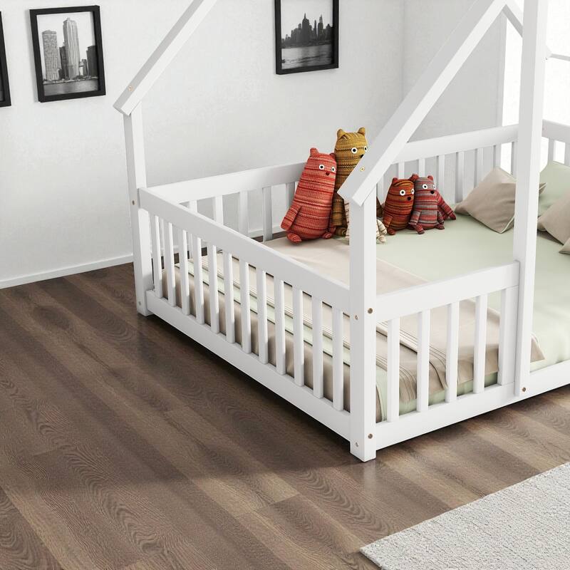 Twin/Full Size Wooden House-Shaped Floor Bed with Fence and Guardrails, Kids Montessori Bed with Roof Frame