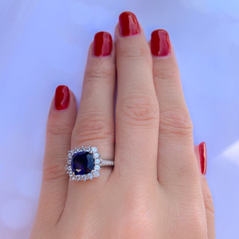 Miadora Sterling Silver Cushion-cut Created Blue and White Sapphire with Diamond Accents Square Halo Engagement Ring