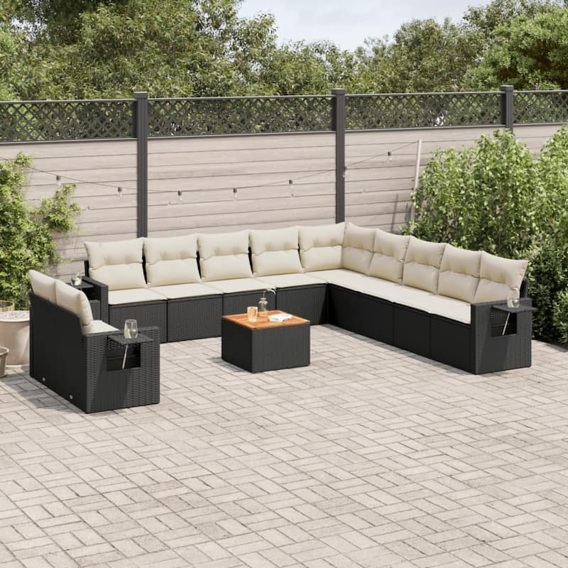 vidaXL Garden Sofa Set 12 Piece with Cushions Outdoor Sofa Set Poly Rattan - 21.7 x 21.7 x 14.6 in (W x L x H) - Black and Cream