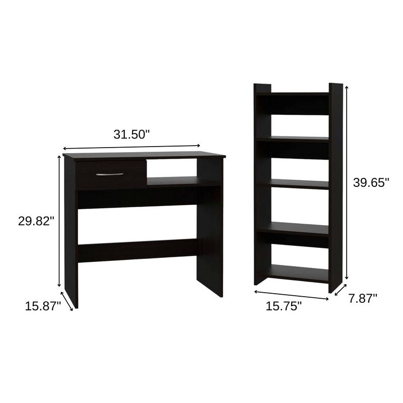 Modern 42 Inch Black Computer Desk and Bookshelf Set with Drawer - 31.50" x 15.87" x 29.82"