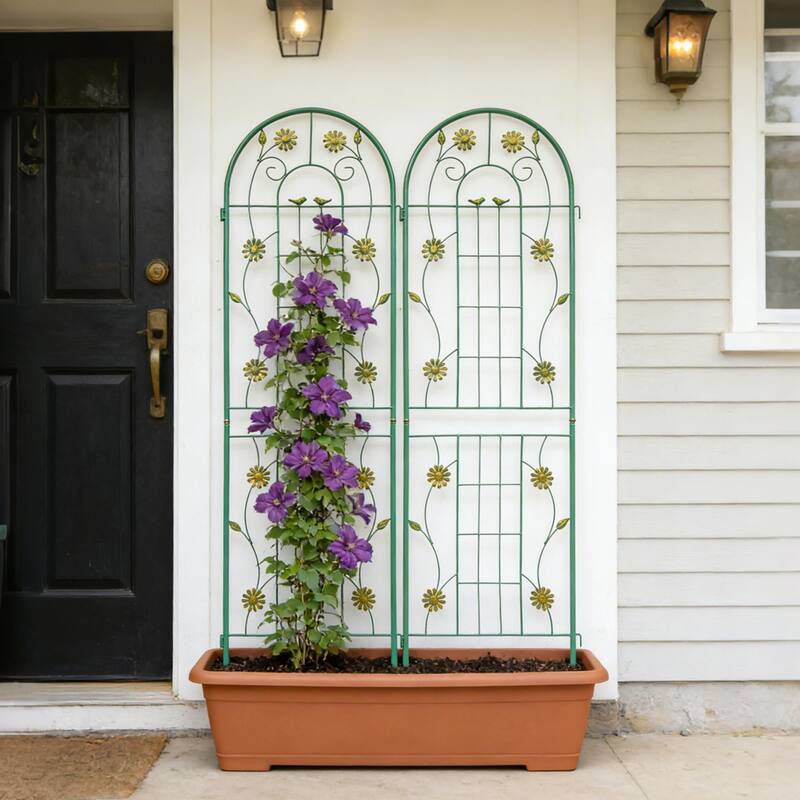 Anmytek Decorative Metal Garden Trellis Set of 2 with Arch Top Daisy Motifs Green Weather Resistant Climbing Plant Support - Green