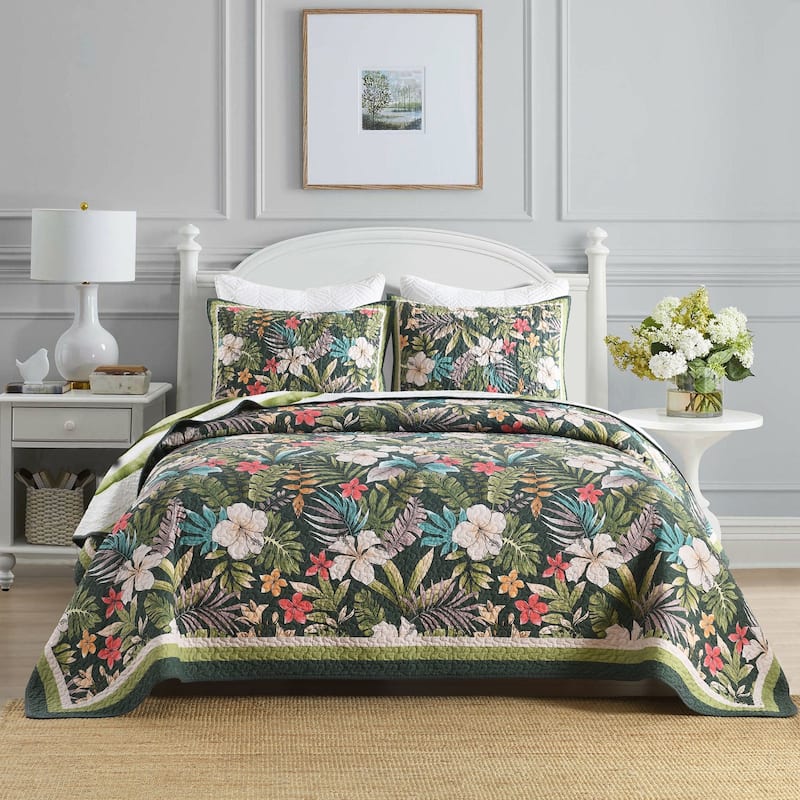 3 Pcs Tropical Leaf and Flower Quilt Bedspread Set - Floral Green - Queen
