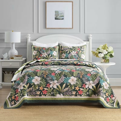 3 Pcs Tropical Leaf and Flower Quilt Bedspread Set