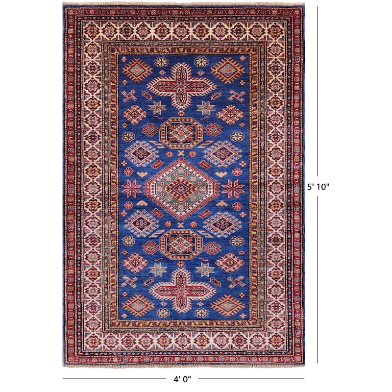 Golden Nile Blue Super Kazak Hand Knotted Wool Rug - 4' 0" X 5' 10"