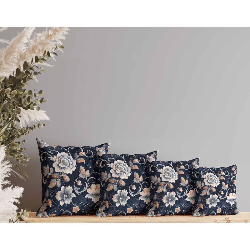 Curled Floral Vines Faux Suede Reversible Throw Pillow Blue and Peach