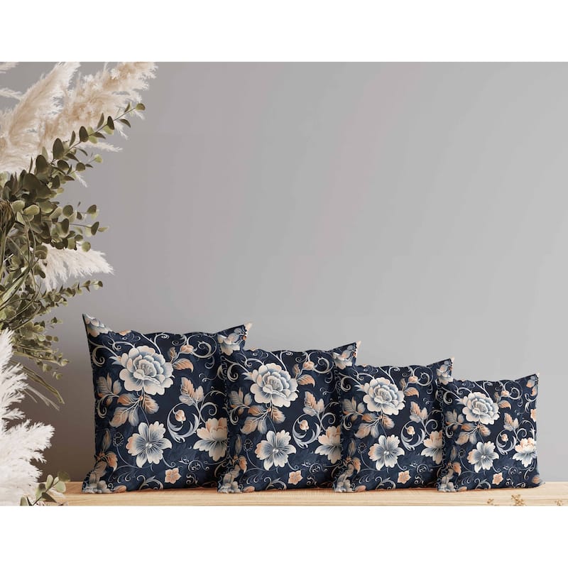 Curled Floral Vines Indoor/Outdoor Reversible Throw Pillow Blue and Peach