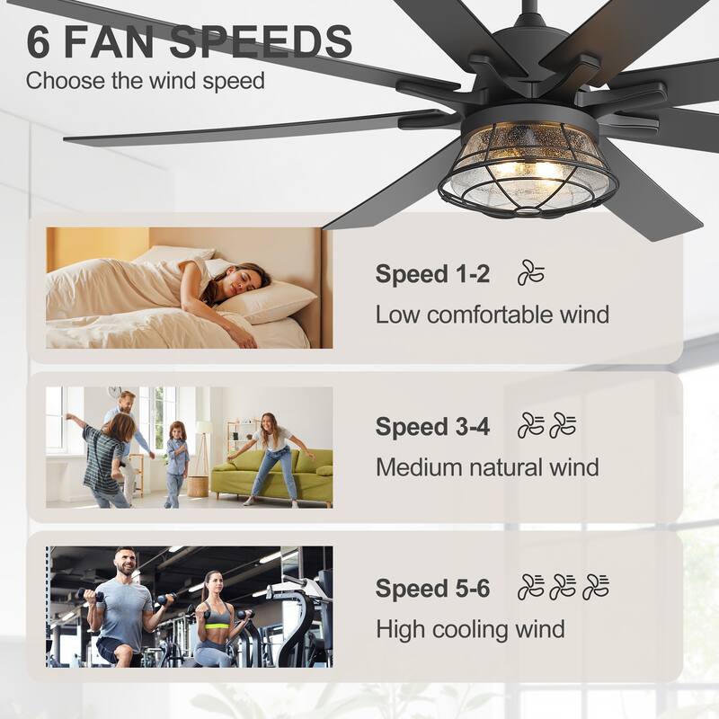 65" Industrial Seeded Glass Black Decorative Ceiling Fan with Remote and Light Kit