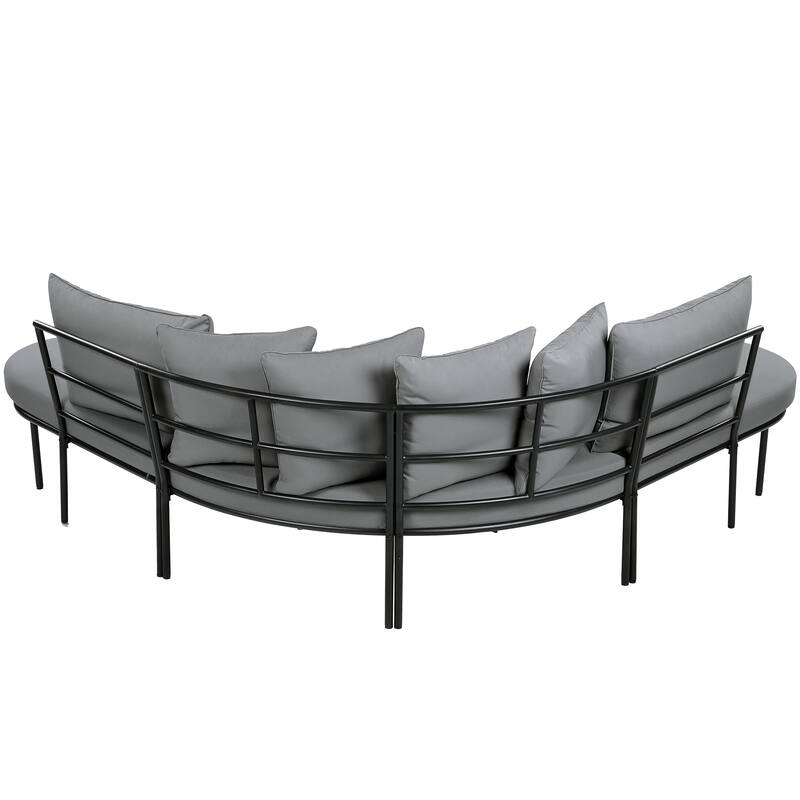 Iron Frame Outdoor Conversation Set for 6 People, All Weather Half Moon Curved Sectional Sofa Set with Coffee Table