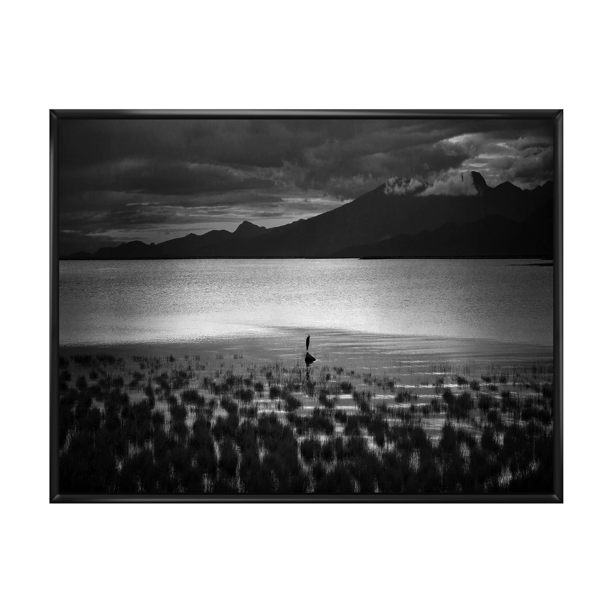 Designart "Heron In Beautiful Black And White Lake" Nautical & Coastal