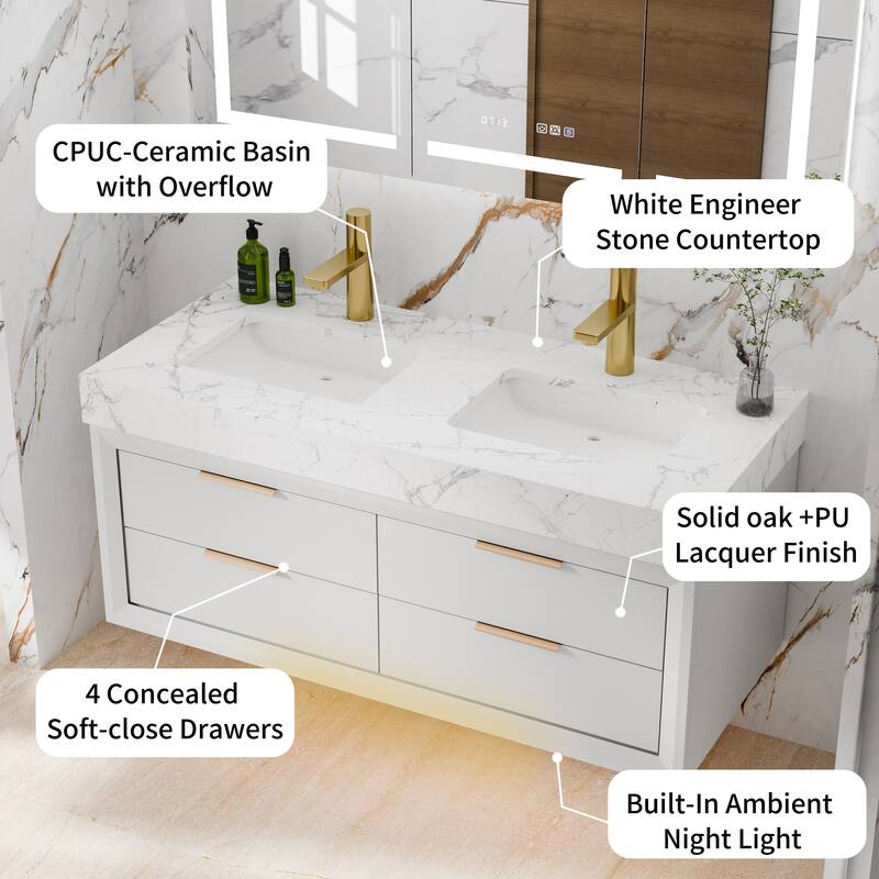 Modland 48" Wall-Mount Double Vanity with LED Light & 6 Drawers - Solid Oak, White / Green - 48 inch