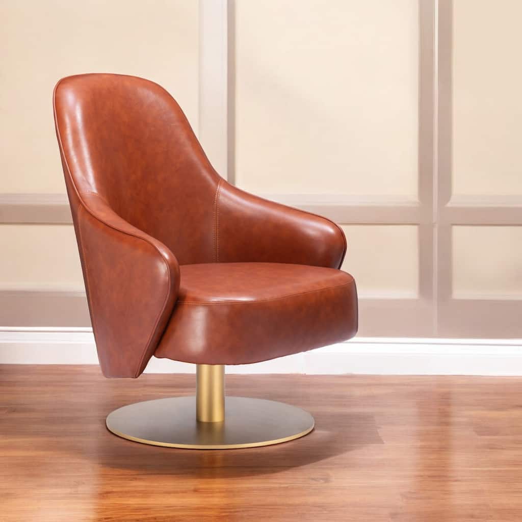 HomeRoots 28" Brown And Gold Faux Leather Swivel Arm Chair - 28' X '36.4' X '31.5