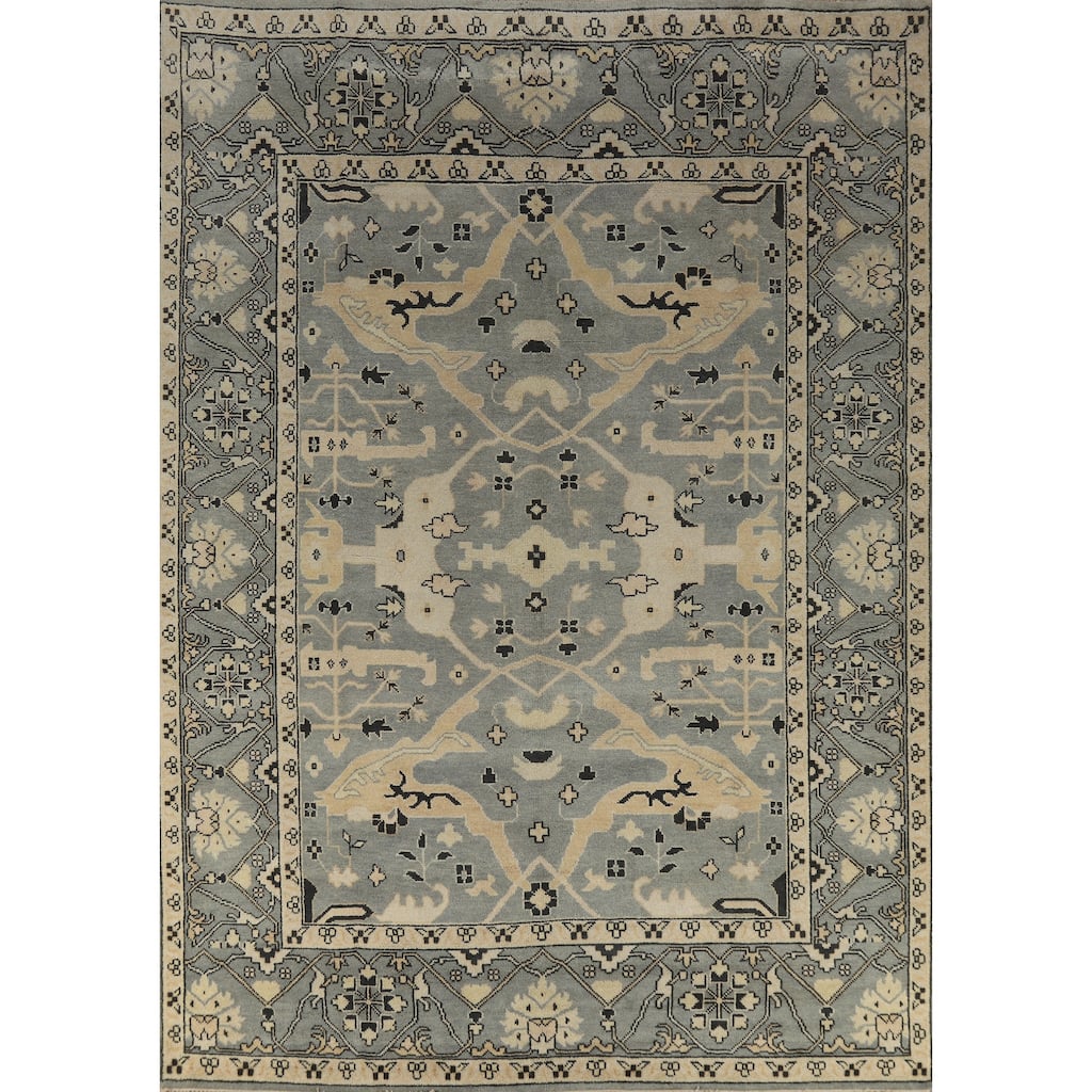Light Blue Oushak Area Rug Handmade Transitional Floral Wool Carpet - 9'3" x 11'8"