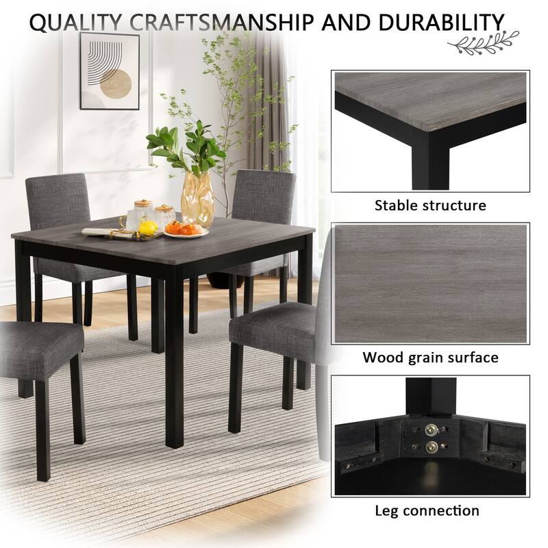 5-Piece, Modern Dining Table Set, Wooden Dining Table Set with 4 Chairs, for Kitchens and Dining Rooms, Light Grey & Black