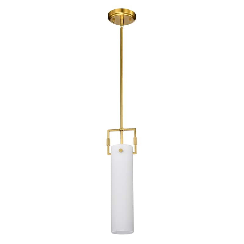 1-Light Gold Mini Pendant with White Cylindrical Glass Shade