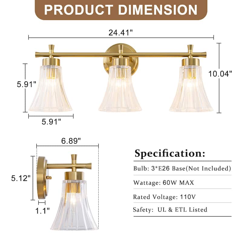 Gold Metal Wall Sconce Ribbed Trumpet Glass Shade for Bathroom Vanity