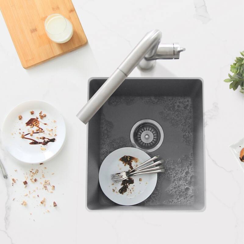 STYLISH 15.5 inches L x 17.5 inches W Dual Mount Single Bowl Composite Granite Kitchen Sink with Strainer - 15.5" x 17.5" x 8.5"